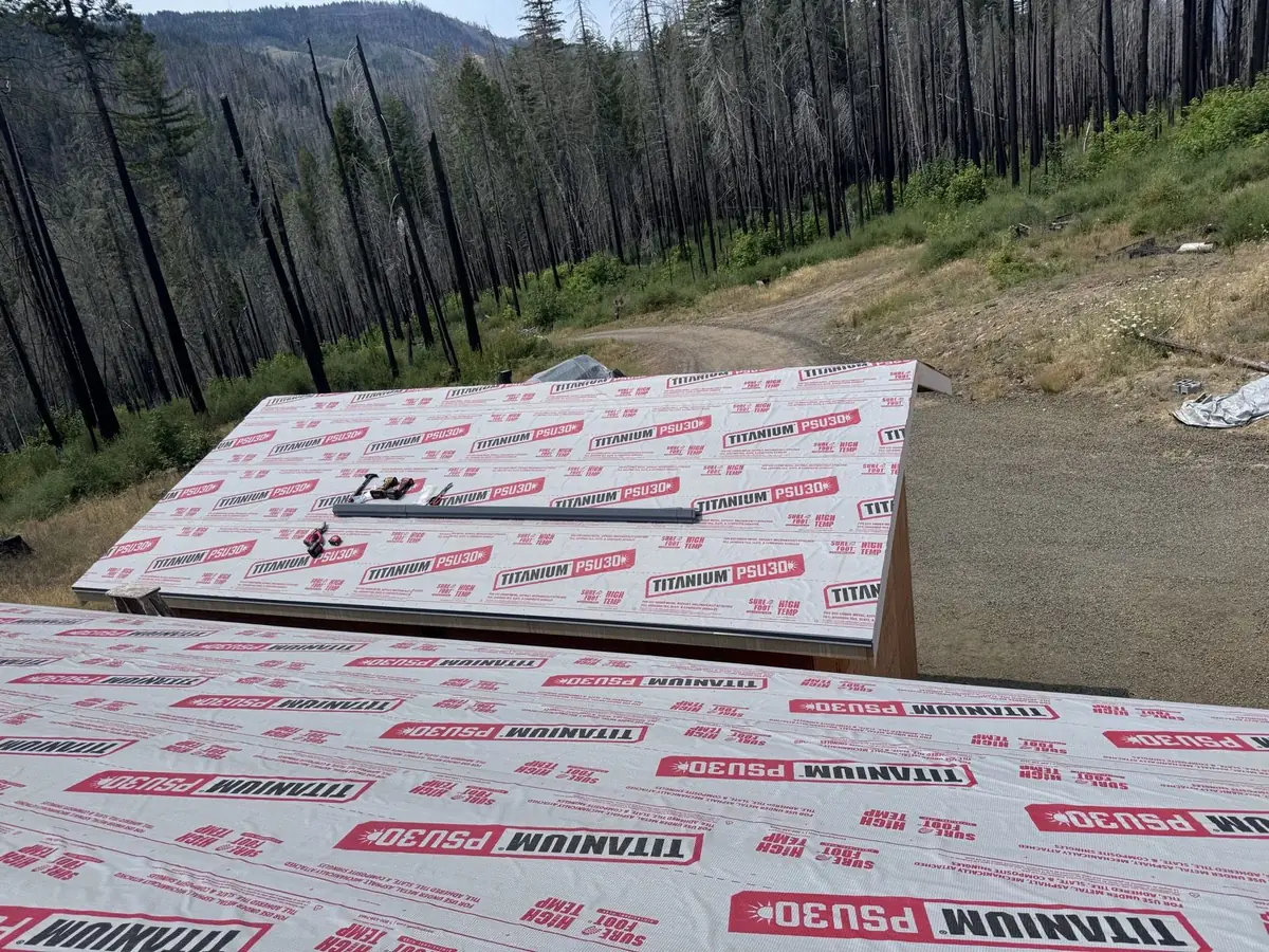High-temp underlayment installed before metal roofing by Mistletoe Construction in rural Douglas County Oregon
