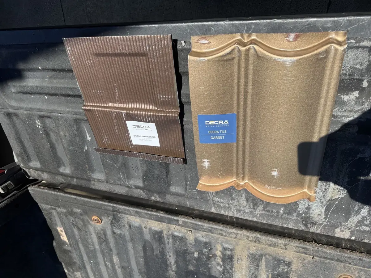 DECRA stone-coated metal roofing samples offered by Mistletoe Construction to Douglas County Oregon homeowners